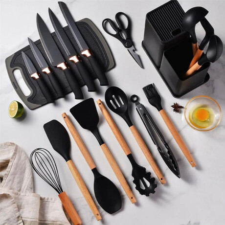Set Utensilios Cocina 19Pz + Escurridor Ac.Inox Sobre Mesada Negro