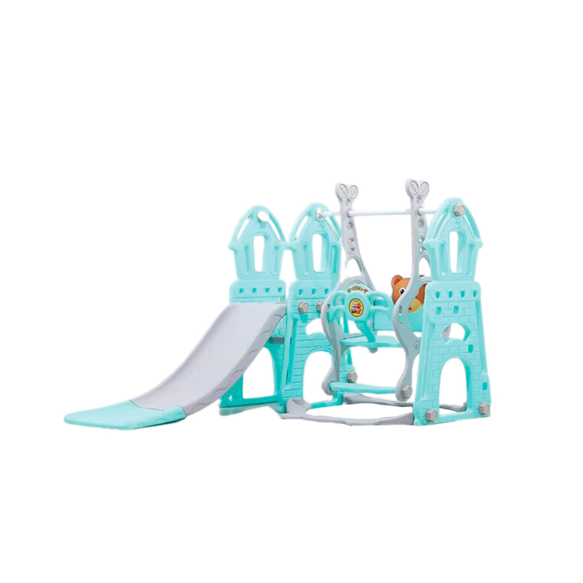 Set Infantil Tobogán 3 En 1 con Hamaca y Aro de Basket - Verde/Gris 