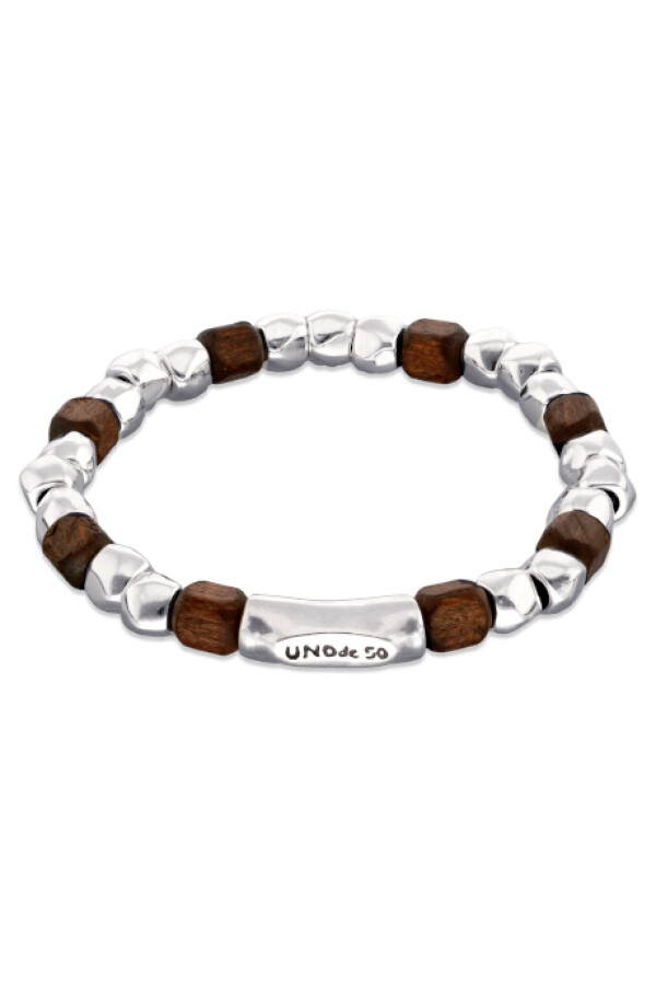 PULSERA ELÁSTICA DE CUENTAS DE ALECIÓN DE METALES BAÑADAS EN PLATA Y CUENTAS EN MADERA Pulsera