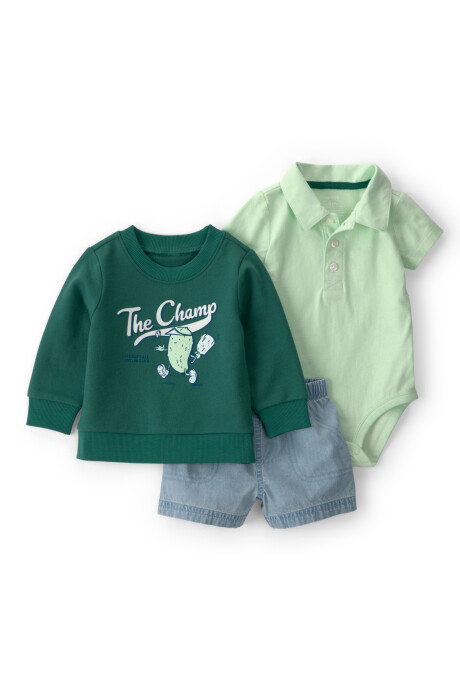 Set tres piezas, short de chambray, buzo y body polo de algodón, estampa deportiva Set tres piezas, short de chambray, buzo y body polo de algodón, estampa deportiva