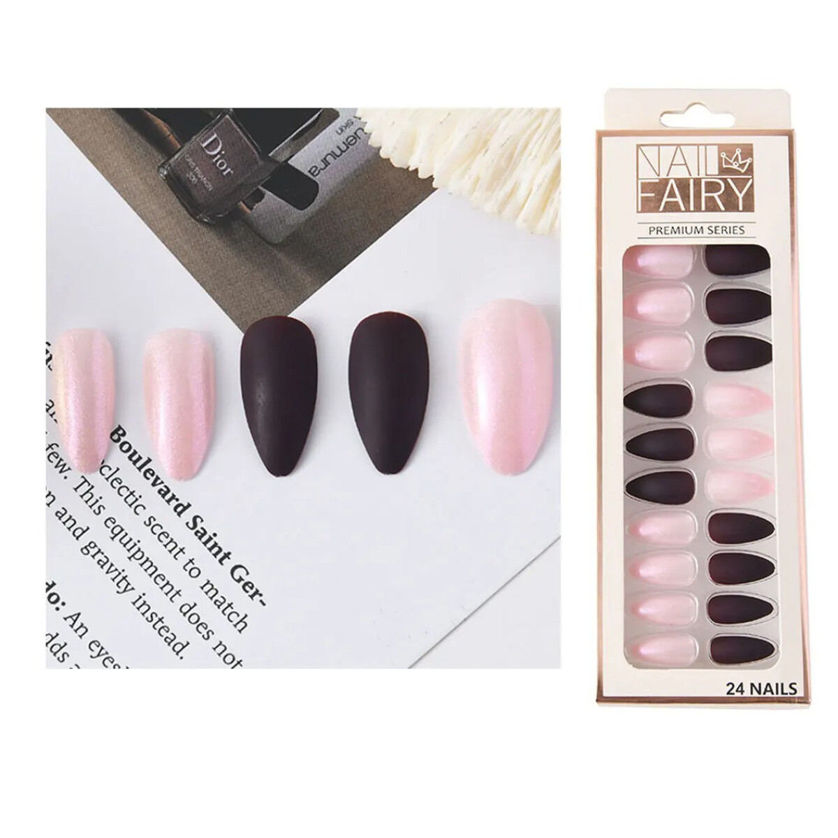 Set De Uñas Postizas Diana Punta Ballerina - Rosa - Negro 