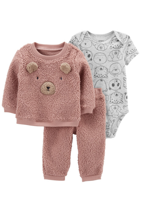 Set tres piezas pantalón y buzo de sherpa con orejitas más body diseño oso 0