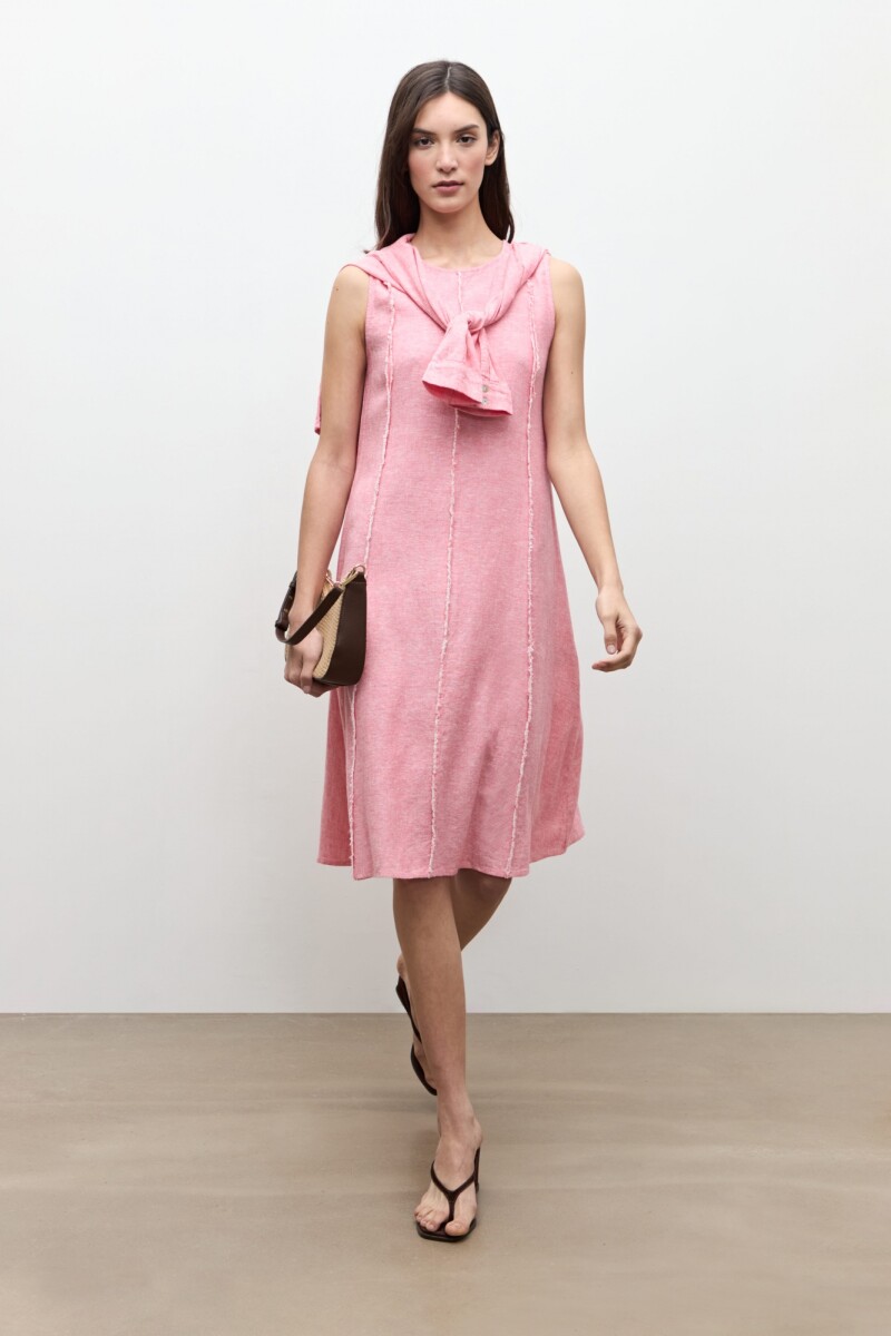 Vestido lino detalle desflecado - rosado melange 