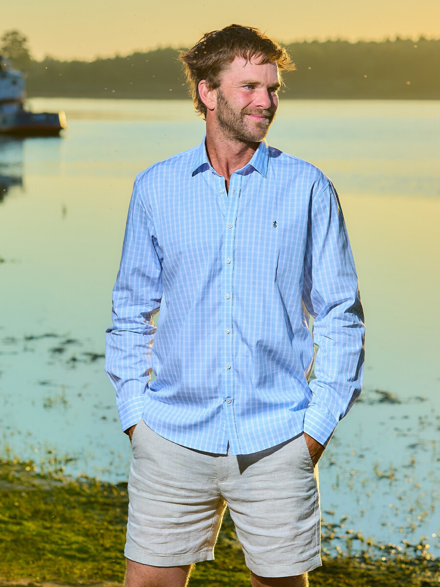 Camisa de Hombre Premium Cuello s/Botones - Cuadros Celestes 1 