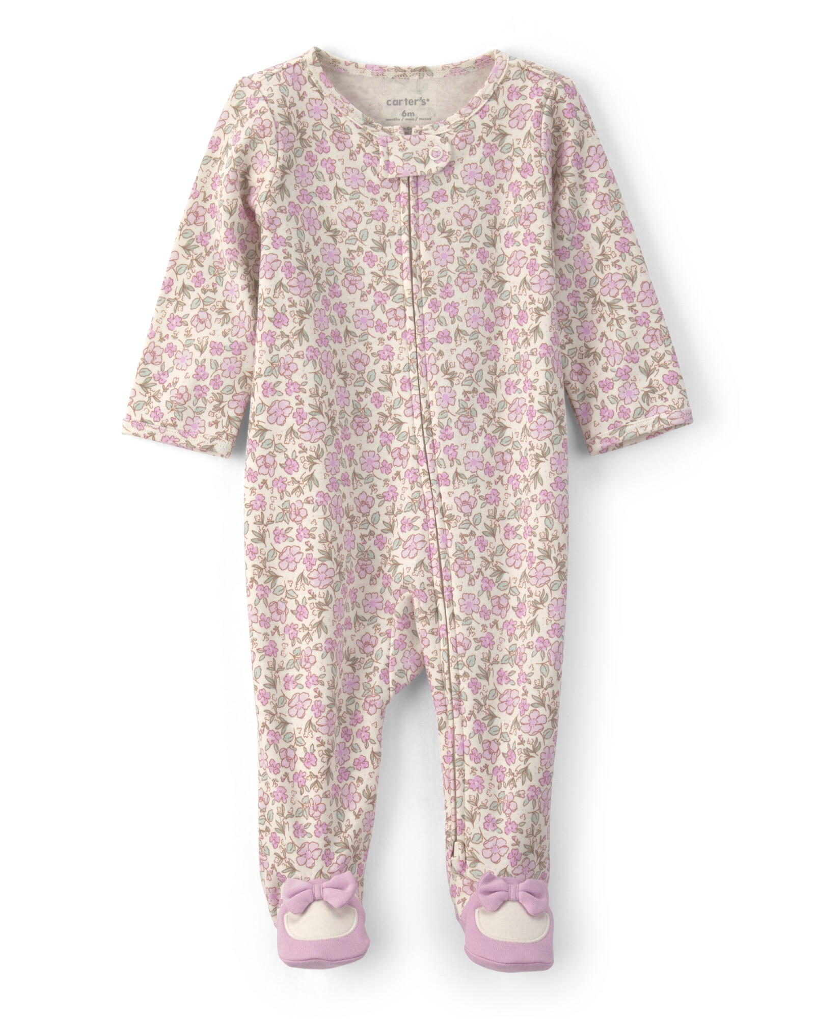 Pijama una pieza de algodón, con pie, lila y crema, diseño floral Pijama una pieza de algodón, con pie, lila y crema, diseño floral