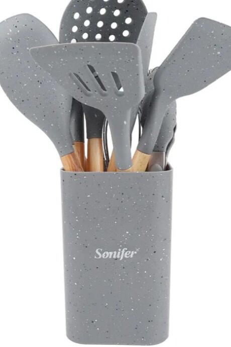 Set Utensilios Cocina Sonifer Silicona Mango Madera 9 Piezas Gris