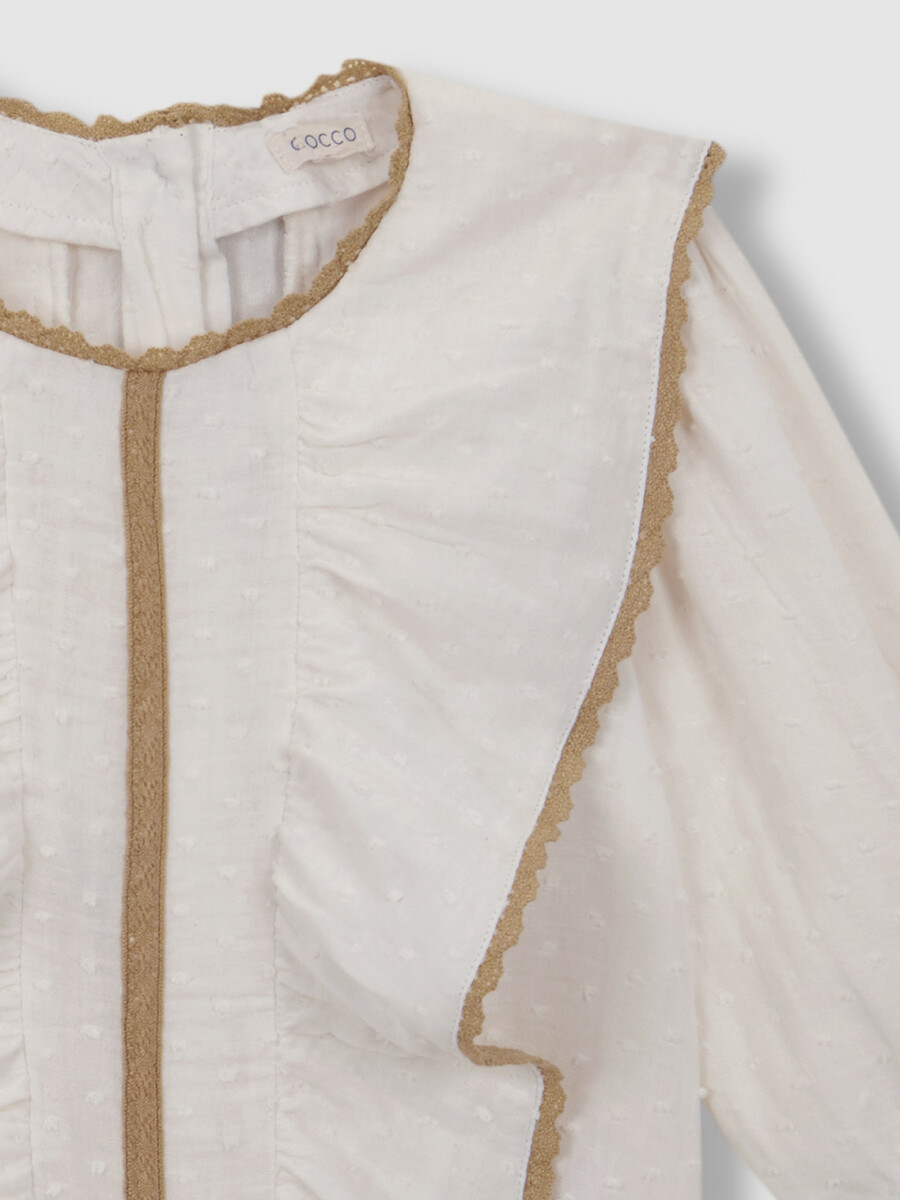 Blusa Manga Al Codo Con Tiras Bordadas Crudo