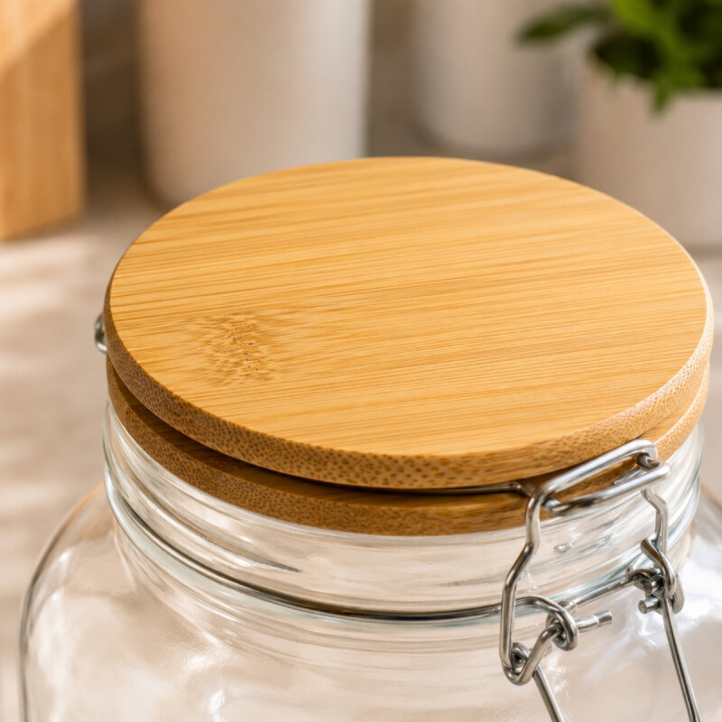 Recipiente vidrio 1000 ml tapa madera TRANSPARENTE