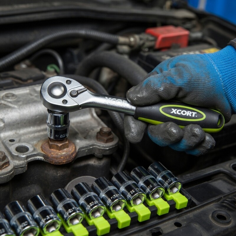 XCORT JUEGO 12 PIEZAS LLAVE CRIQUET 3/8 + EXTENSION CR-V 5PLG + 10 DADOS 10-24MM Xcort Juego 12 Piezas Llave Criquet 3/8 + Extension Cr-v 5plg + 10 Dados 10-24mm