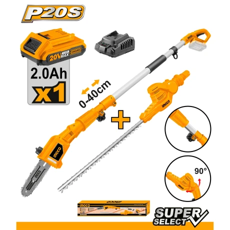CORTACERCOS 20V + MOTOSIERRA DE ALTURA 20V INGCO CPTS201681 AMARILLO-NEGRO