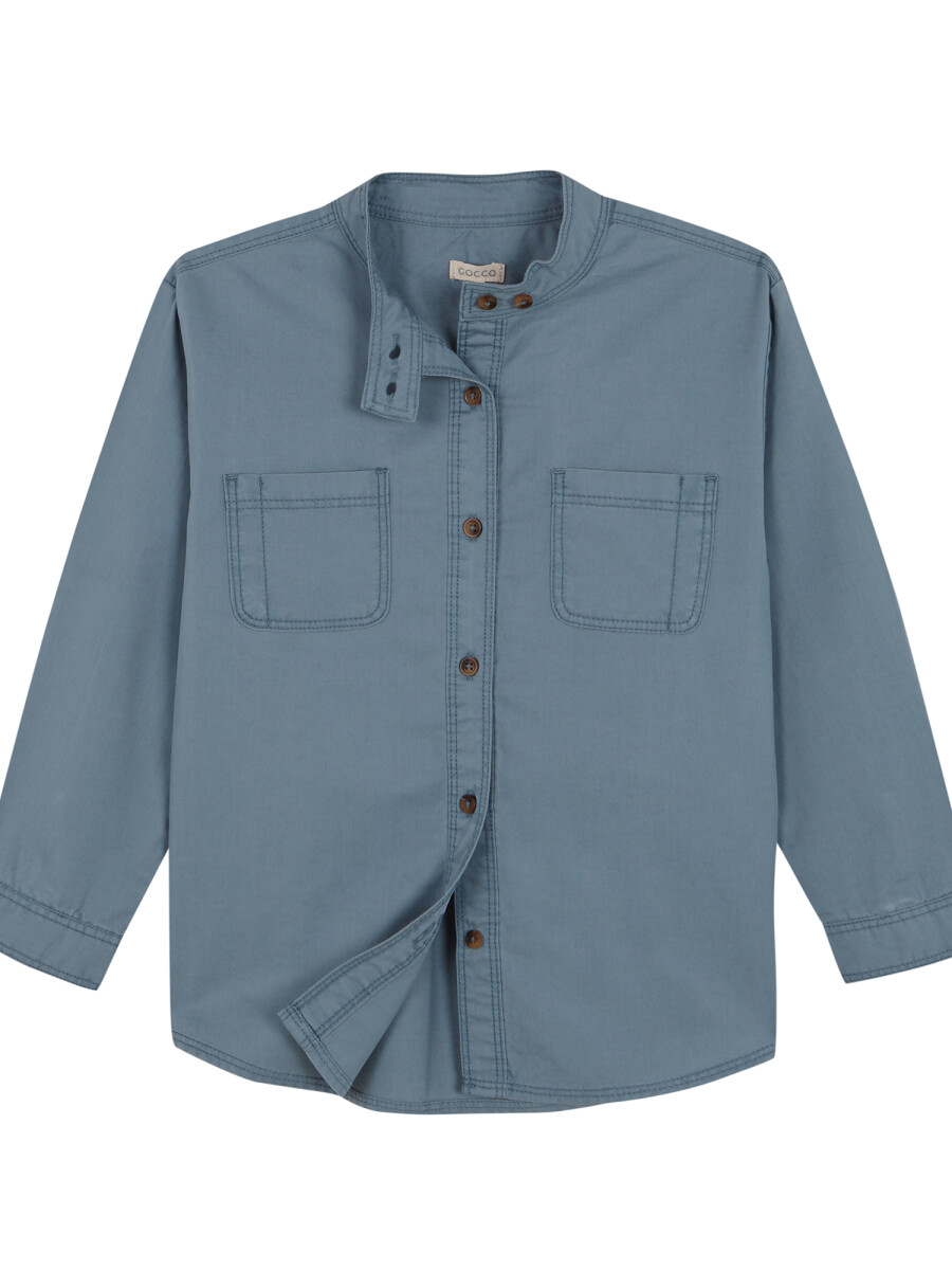 Camisa Cuello Mao Con Bolsillos Azulado
