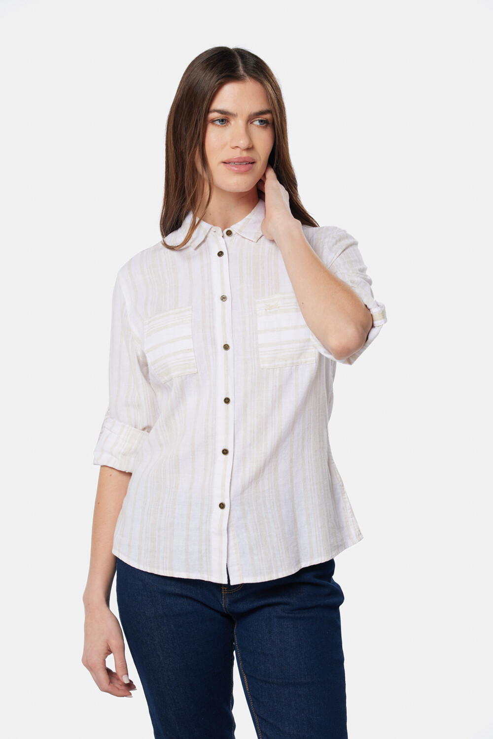 CAMISA DE LINO RAYADA Beige