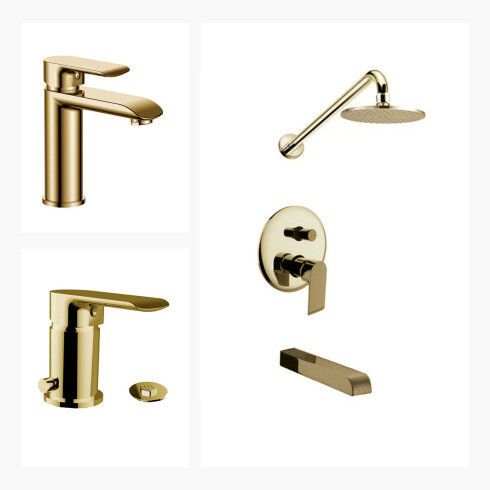 Juego De Griferia Completo. Incluye Ducha Embutida, Lavatorio Bajo Y Bidet Apertura En Frio, Oro Semi Mate Aqualia 000