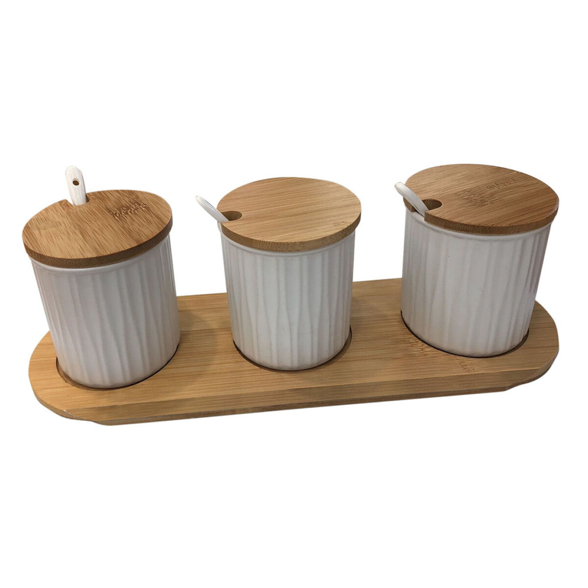 Set 3 Frascos de Cerámica Selecta 150 ml con Tapa de Madera y Soporte 