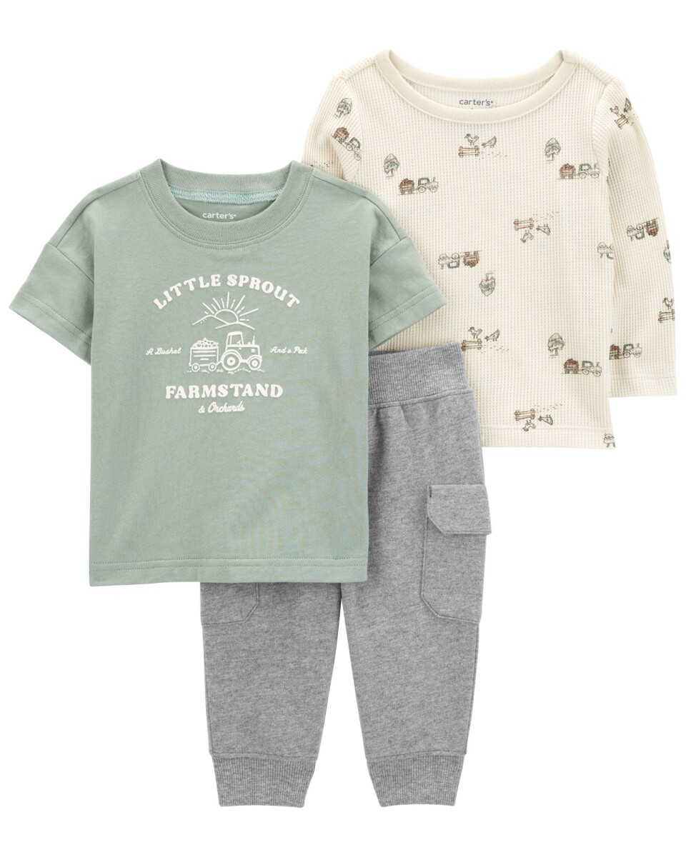 Set tres piezas de algodón, pantalón, remera manga corta y remera manga larga 