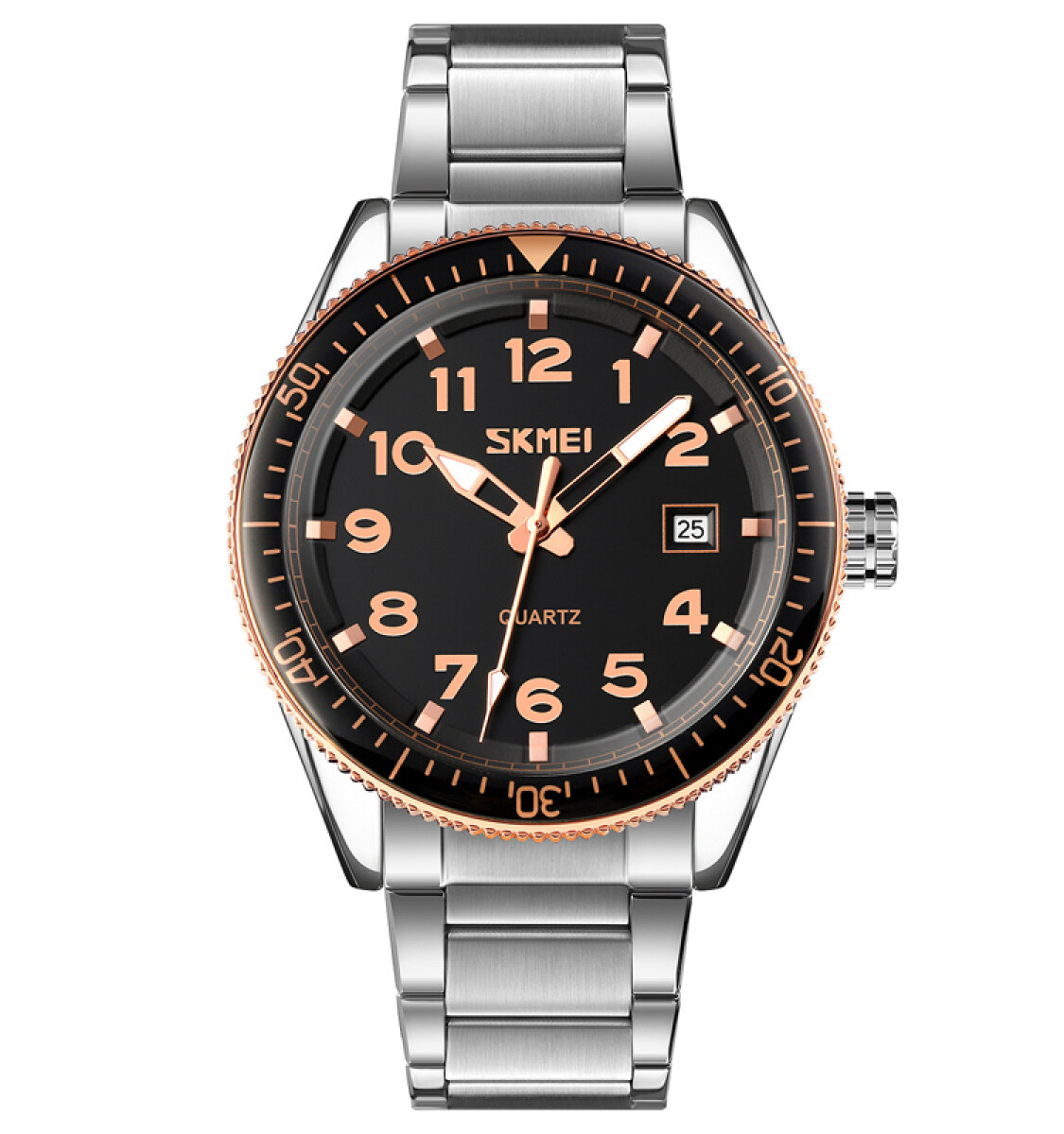 Reloj Skmei 9232SRGBK analógico para hombre en acero plateado con esfera negra y detalles rosé - Negro 