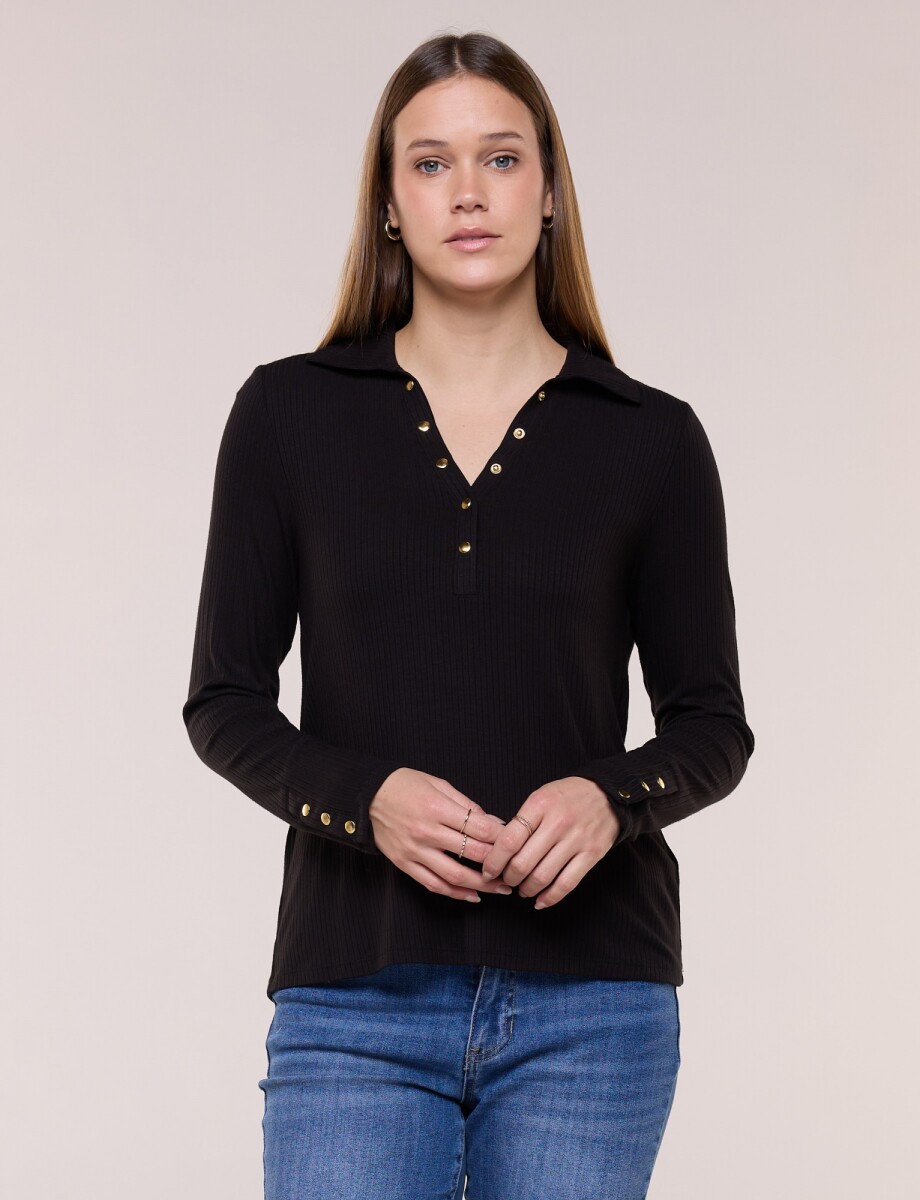 Remera Cuello Polo Con Botones - Negro 