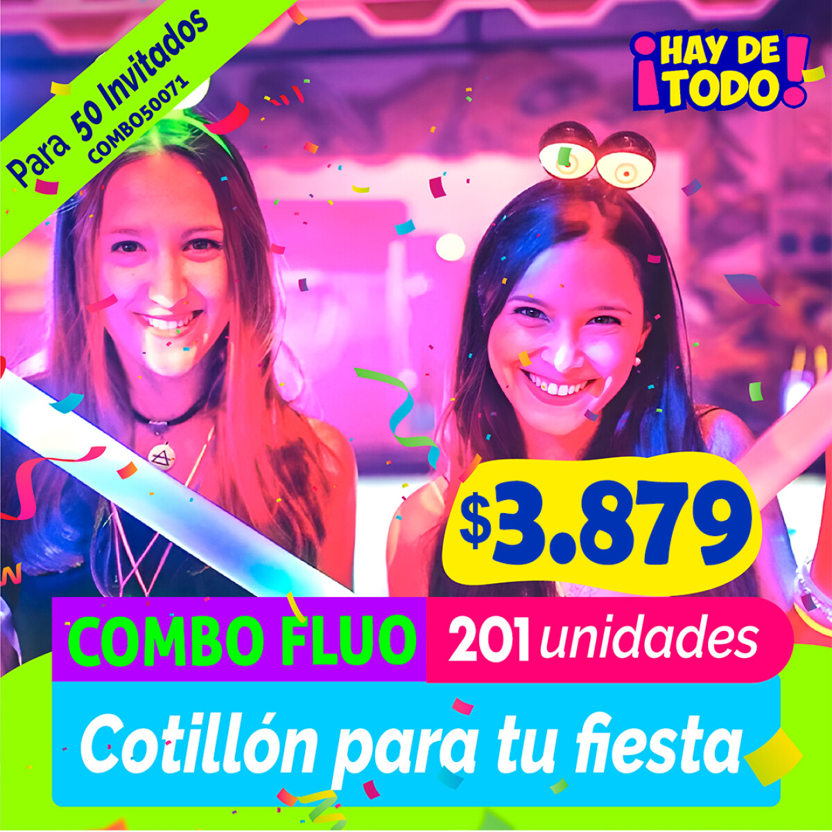 Combos Cotillon Fluo Luminoso 50 Invitados - 214 Articulos 
