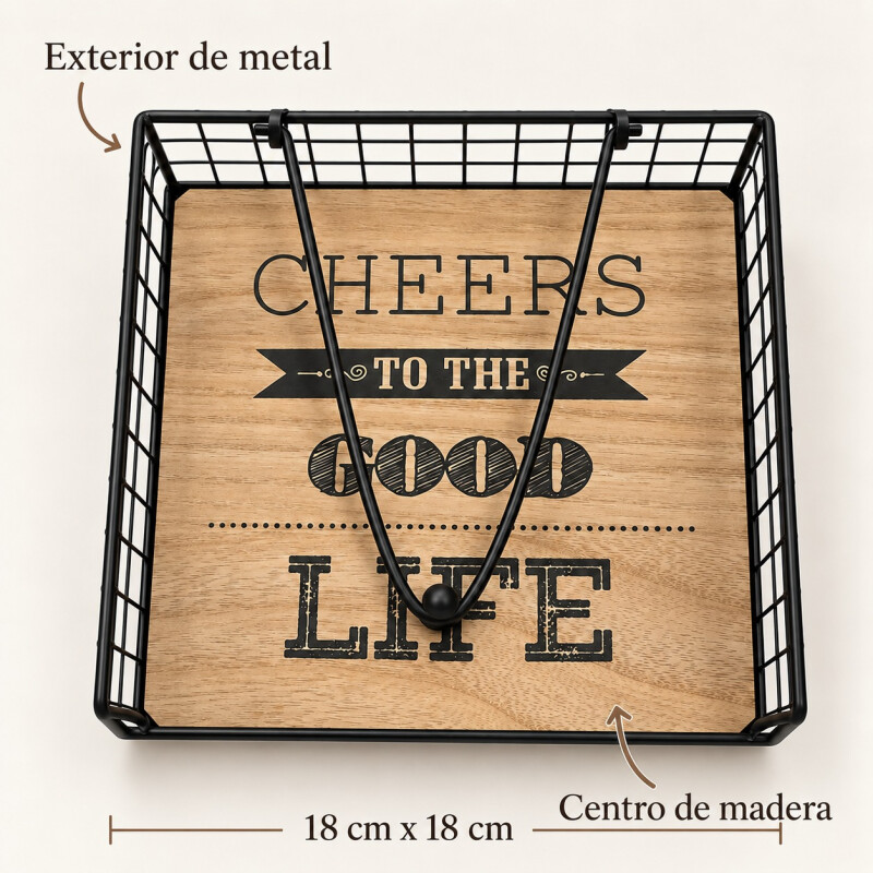 Servilletero de Metal y Madera 18x18 cm con Sujetador Servilletero de Metal y Madera 18x18 cm con Sujetador