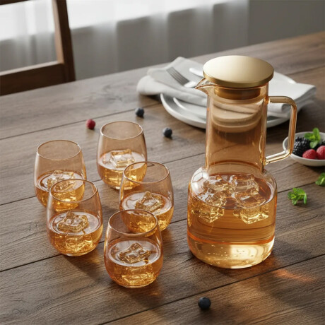Set Jarra Vidrio + 6 Vasos Bebidas Frias Brunch ámbar