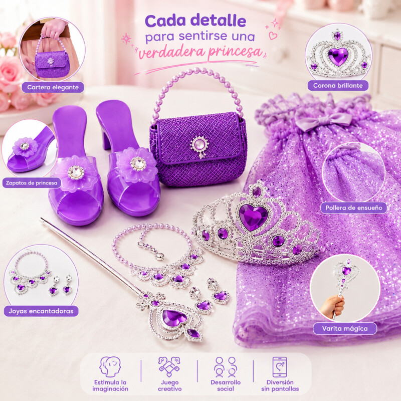 Set Disfraz Princesa Niña Corona Pollera Accesorios Cartera Set Disfraz Princesa Niña Corona Pollera Accesorios Cartera
