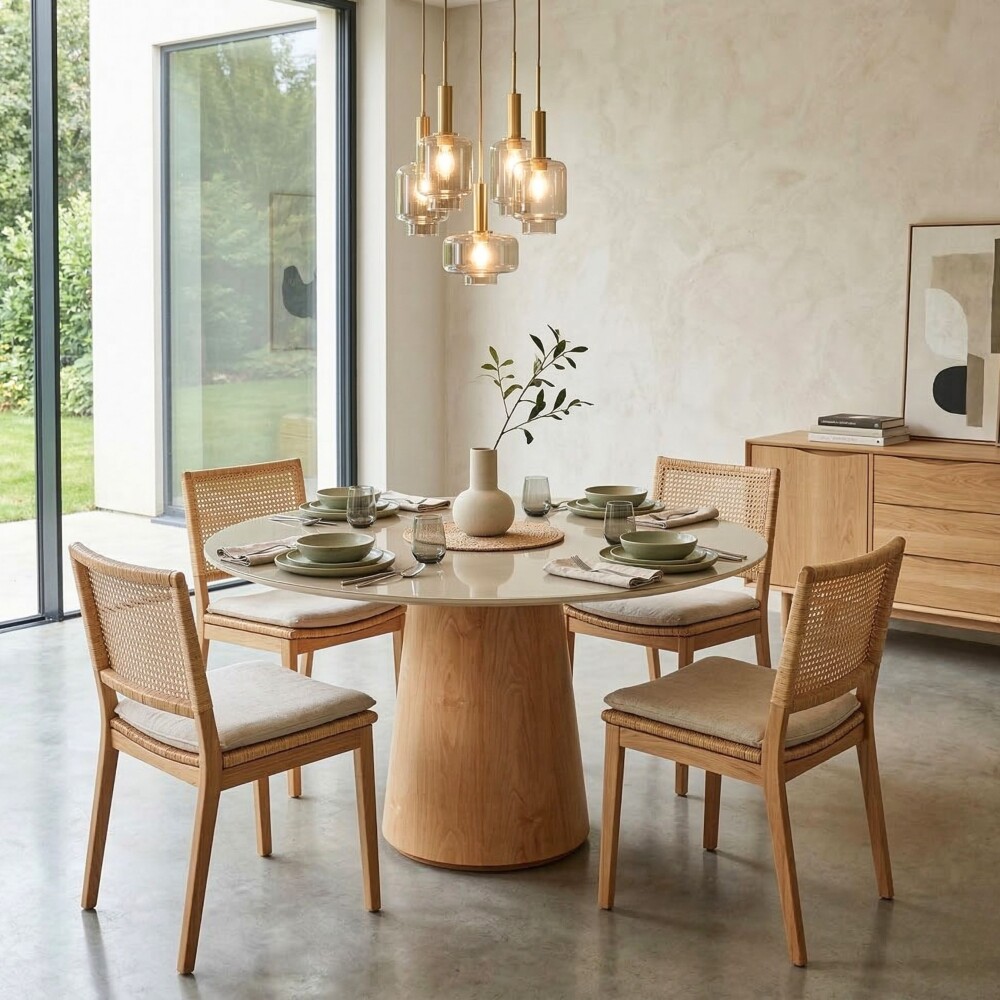 Mesa de Comedor Zara 1.2 Redonda - Línea Manhattan Vidrio - Blanco/Marrón