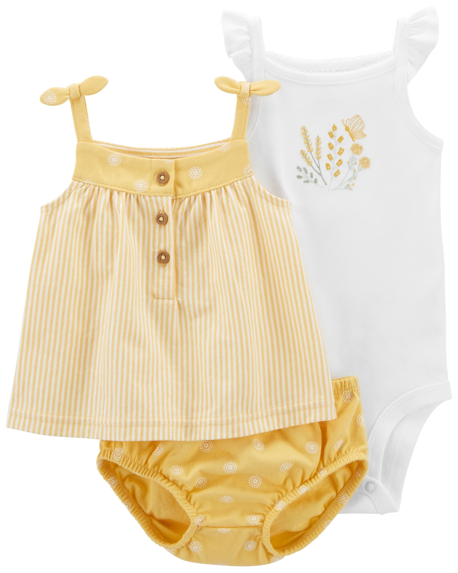 Set tres piezas short, musculosa y body de algodón con bordado Set tres piezas short, musculosa y body de algodón con bordado