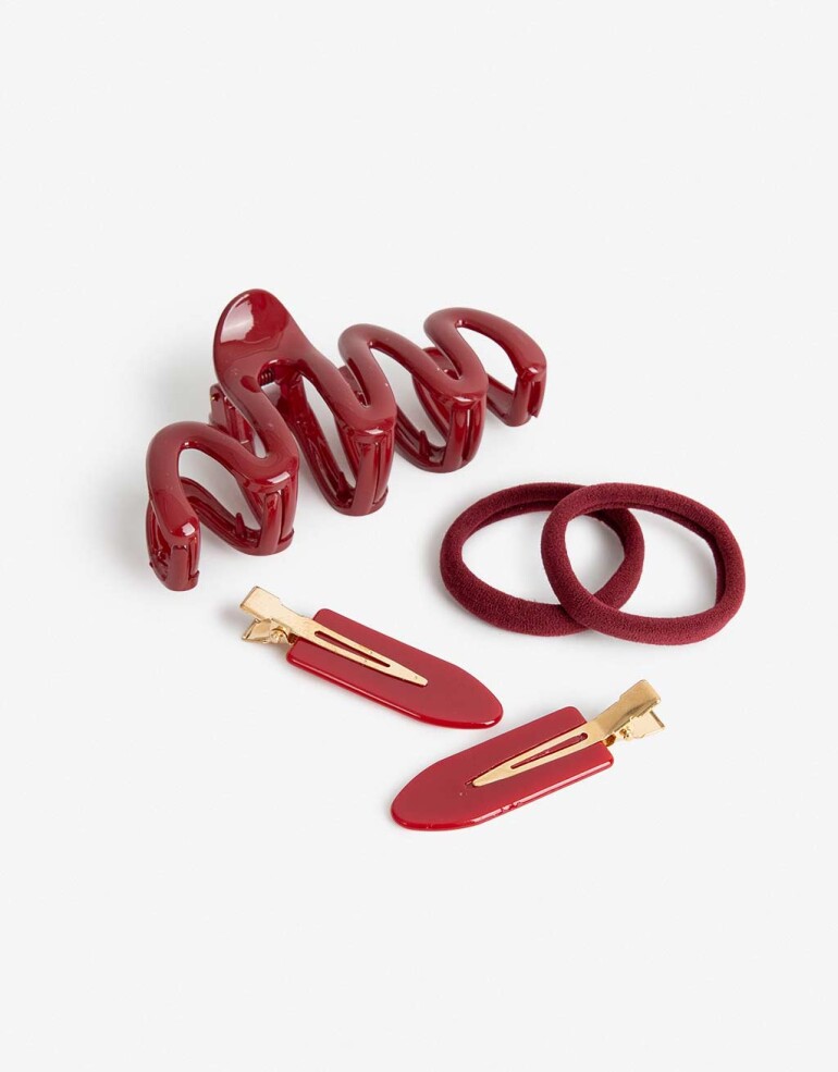 Accesorios Pelo Set Varios Set Maxi Broche, 4 Gomitas Elásticas Y 2 Hebillas. - Rojo Burdeaux