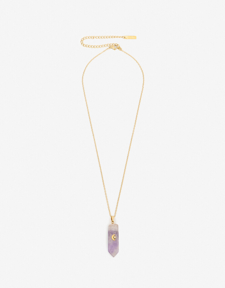 Cadena Corta con Dije Piedras Collar De Acero Con Piedra Amatista - Dorado