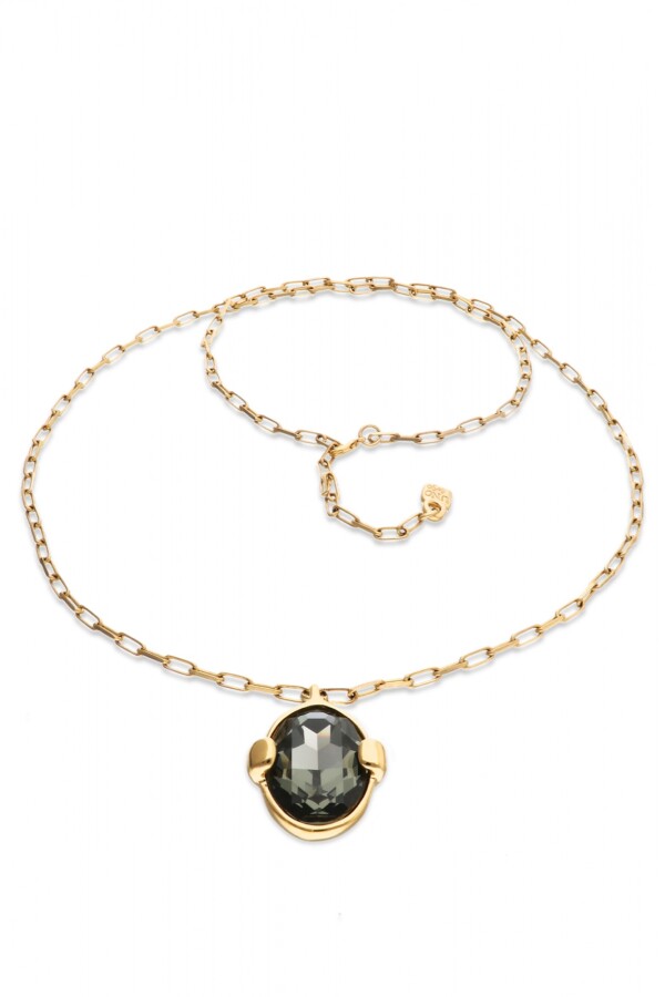 COLLAR LARGO CON CRISTAL FACETADO GRIS DE ALEACIÓN DE METALES BAÑADO EN ORO 18K Colgante