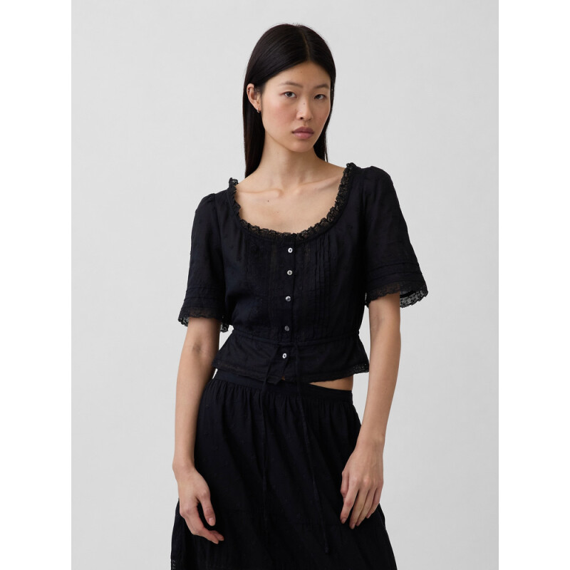 SS LACE TRIM SCOOP NK TOP BLACK