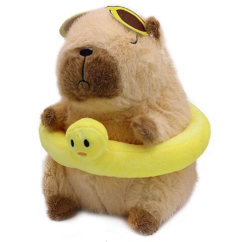 Peluche Capibara con Ropa y Acs Temáticos Vacaciones Color Marrón Amarillo Salvavidas