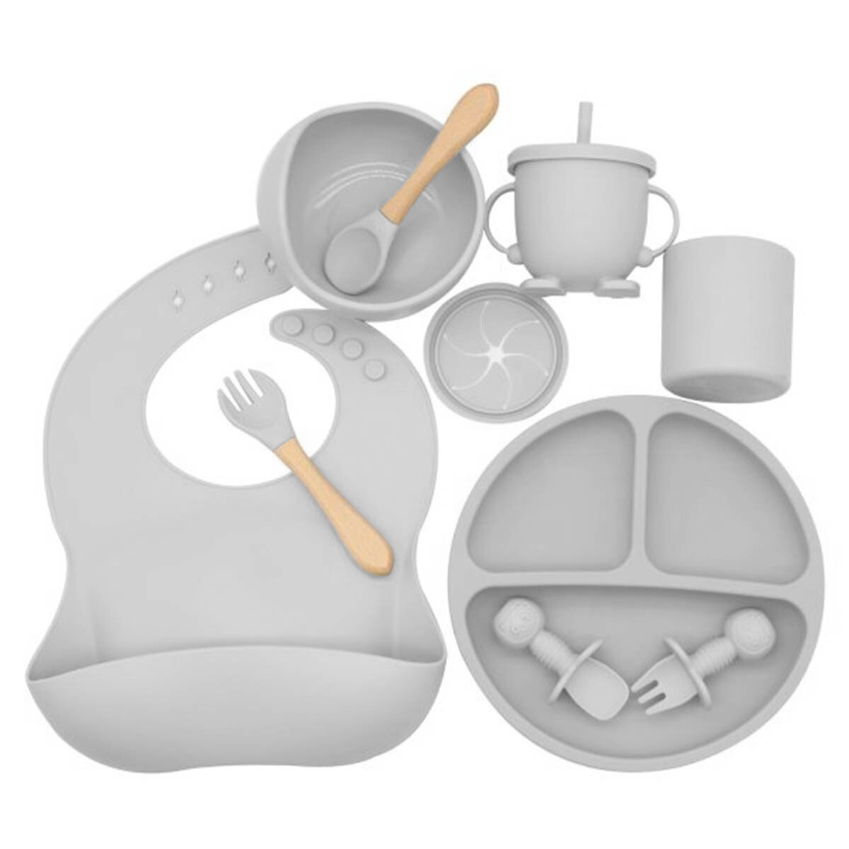Set X10p Plato Comer Bebe Silicona+ Cubierto Vaso - Gris 