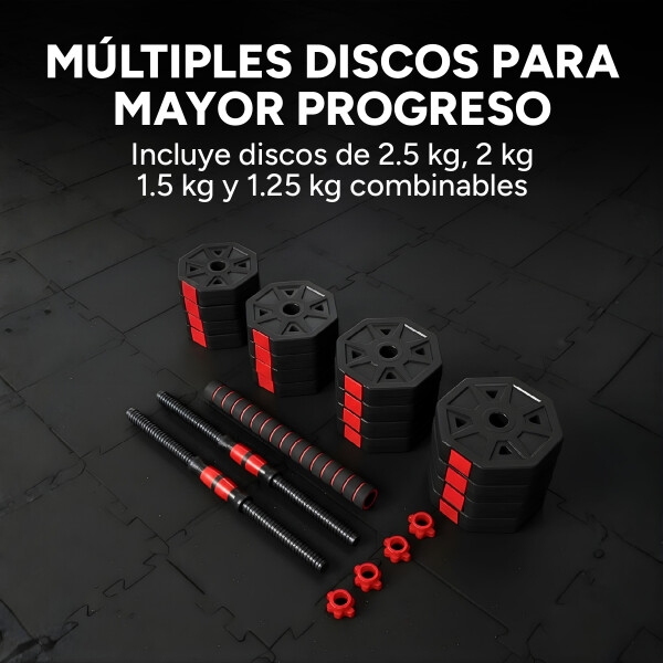 Set de Mancuernas Ajustables 3 En 1 30 Kg Mancuernas + Barra Color Negro