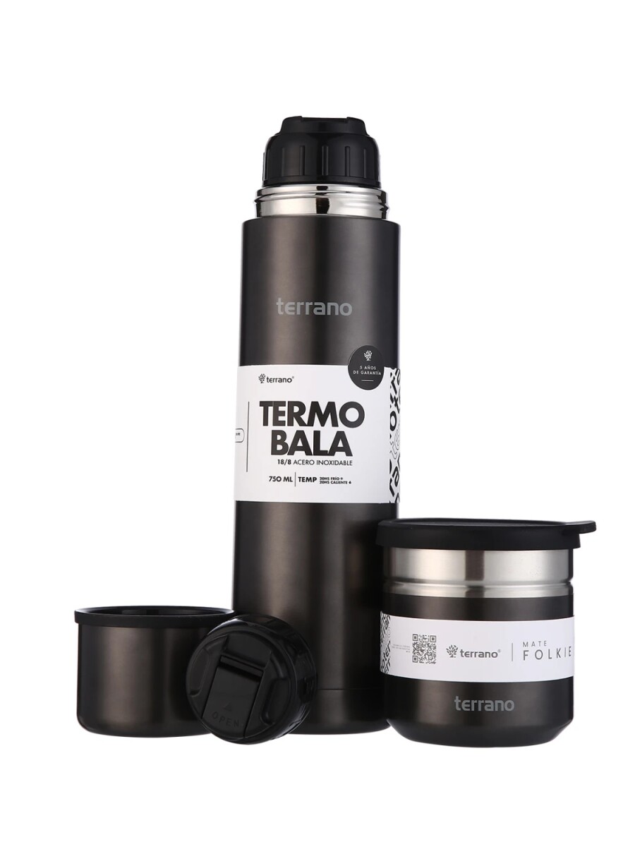 Kit Termo Acero Bala Metalizado 750mL + Mate Folkie - Negro 