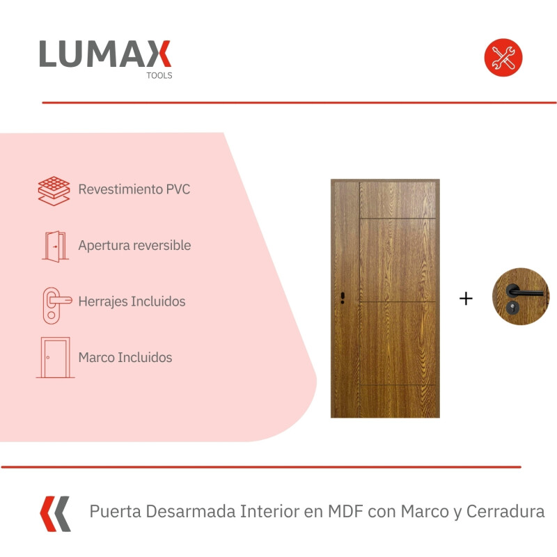 Puerta Desarmada Interior en MDF con Marco y Cerradura Lumax Marrón Claro Diseño Ankara Herraje Negro