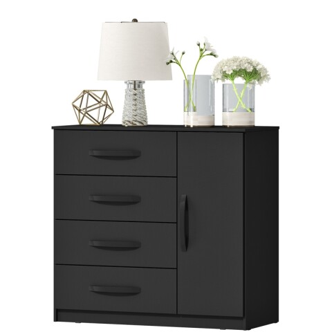 Cómoda Cajonera para Dormitorio de 4 Cajones y 1 Puerta en MDP - Negro Cómoda Cajonera para Dormitorio de 4 Cajones y 1 Puerta en MDP - Negro