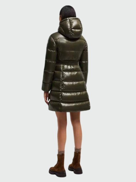 Moncler - Campera larga rellena de plumas con cinto ajustable, Bellevue Verde