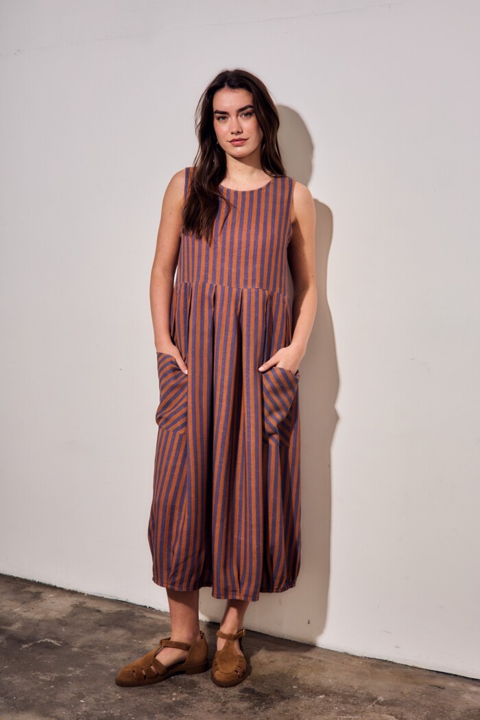 Vestido Rayado Con Lino Multi