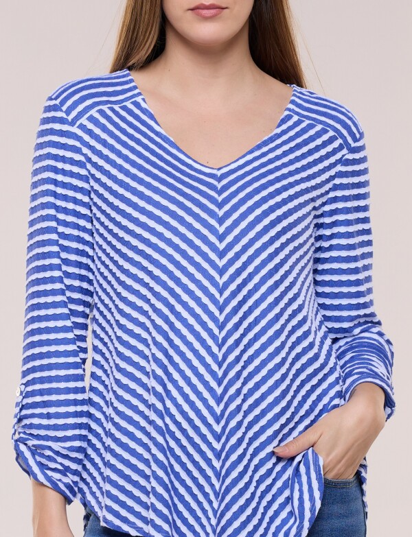 Remera Texturada A Rayas Con Escote V AZUL/BLANCO