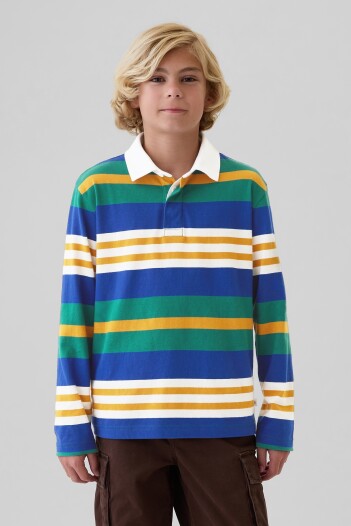 Remera Polo Manga Larga Niño Blue Green Stripe