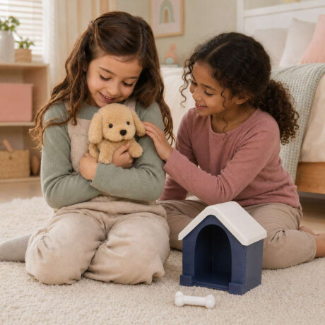 Perrito de peluche con casita y accesorios Beige