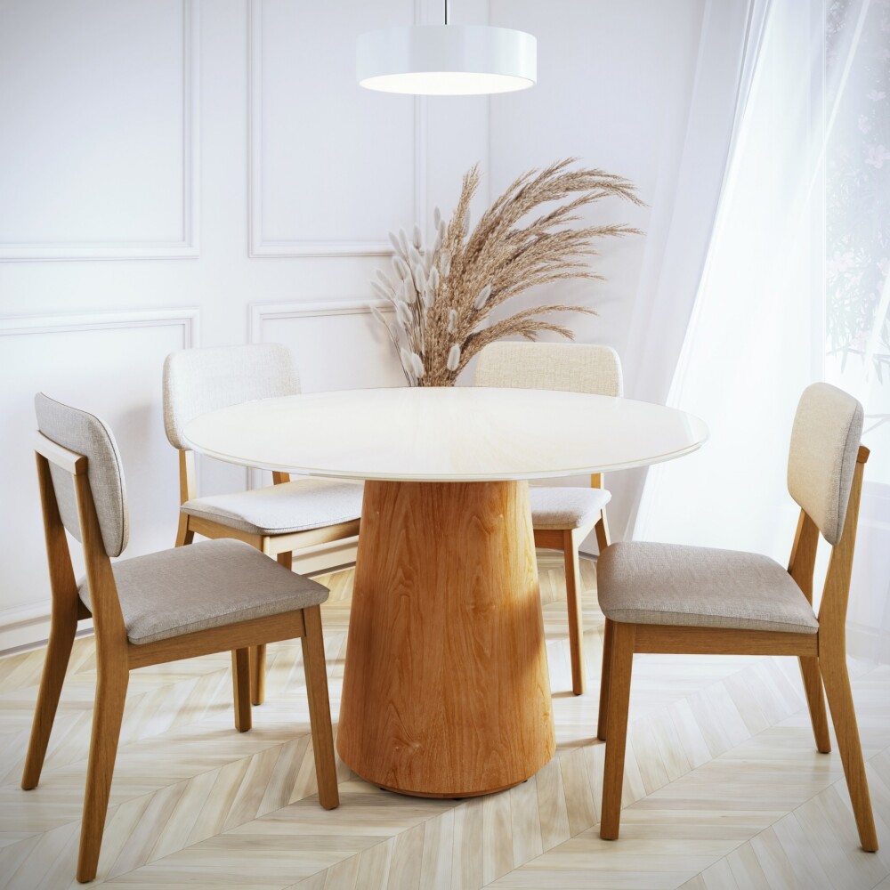 Mesa de Comedor Zara 1.2 Redonda - Línea Manhattan Vidrio - Blanco/Marrón