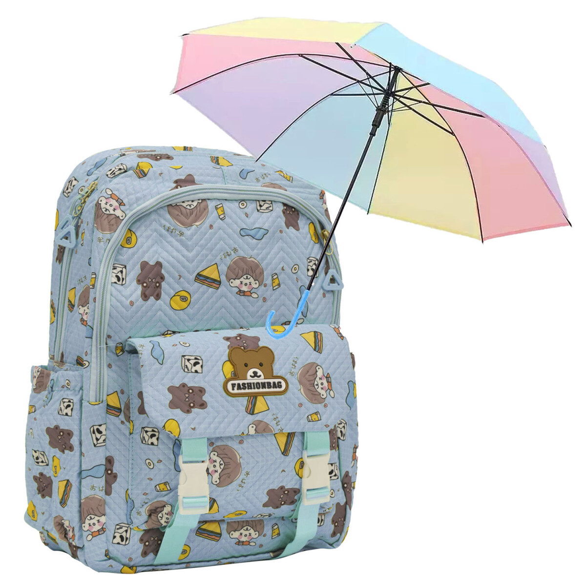Set Mochila Escolar Infantil p/ Laptop y Bolsillos + Paragua - Celeste 