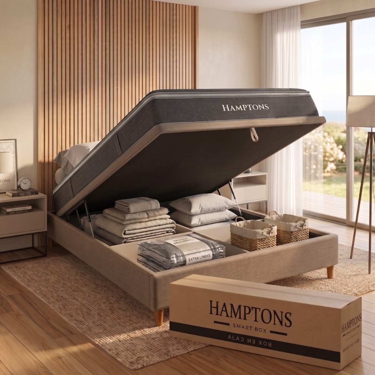 Sommier Queen HAMPTONS Hybrid Silver Smart Box Baúl - Beige 
