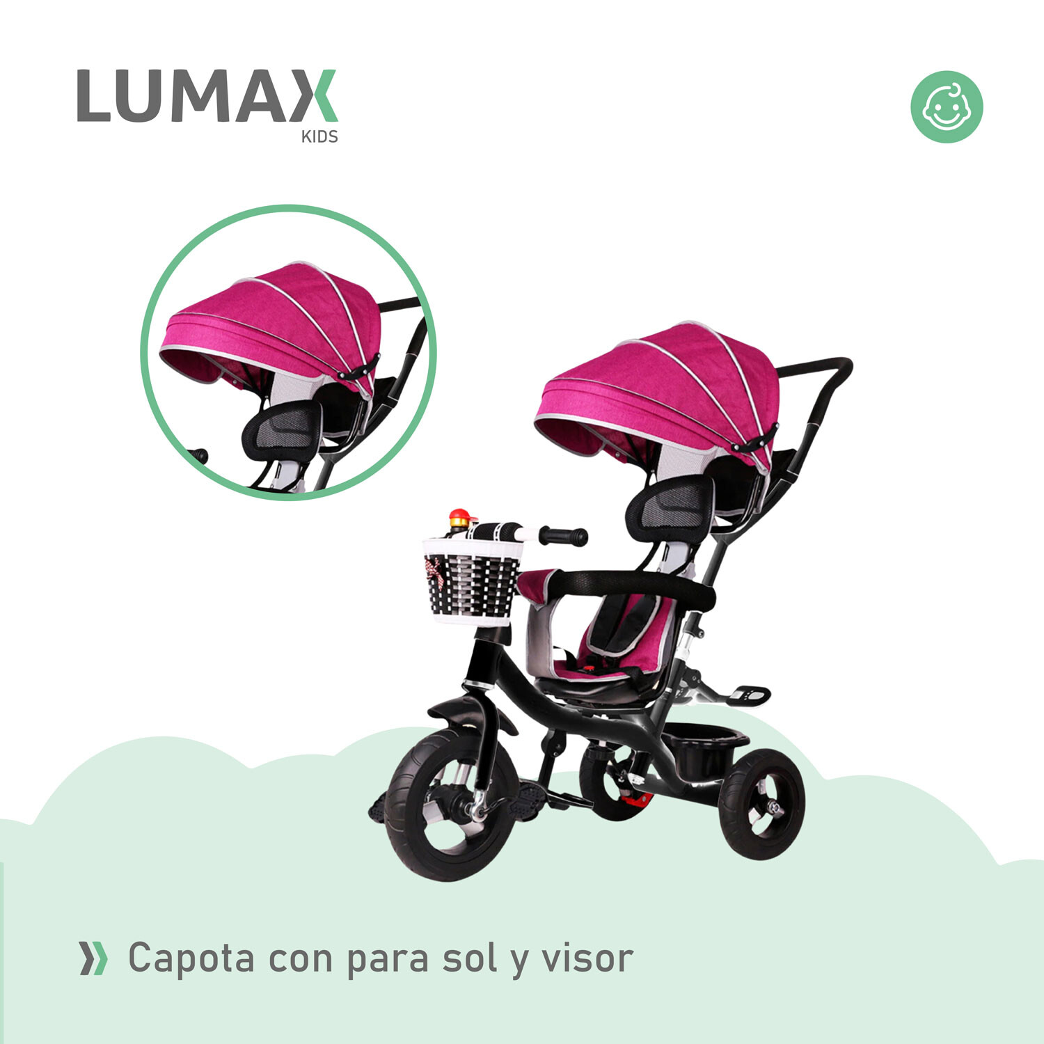 Coche Triciclo a Pedal C Guia y Capota giratorio 360 Rojo Electroventas