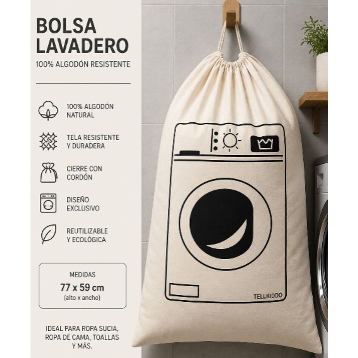Bolsa De Algodón Para Lavandería 60X80Cm - BLANCO 