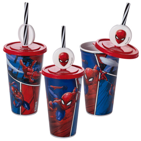 Vaso Plástico Milk Shake con Pin y Pajita 500 ml Spiderman