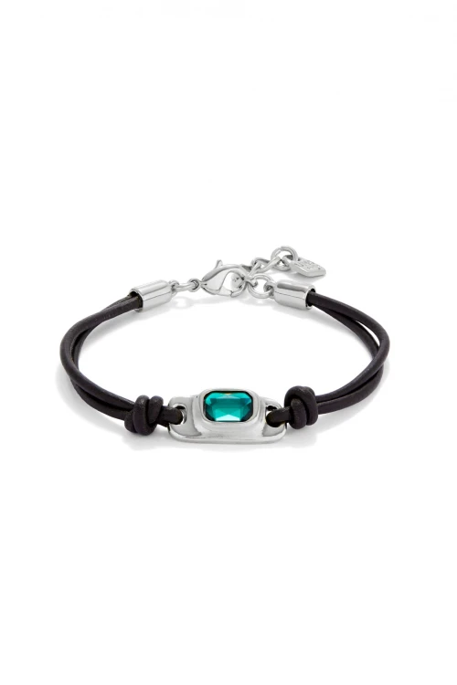 PULSERA DE CUERO BAÑADA EN PLATA DE LEY CON CRISTAL VERDE Pulsera