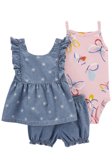 Set tres piezas short bombachudo, blusa a juego y body sin mangas de algodón 0